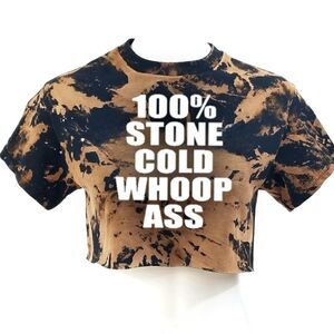 100% STONE COLD WHOOP ASS Acid Washed Wrestling Cropped Crop Top Rock Band Rap